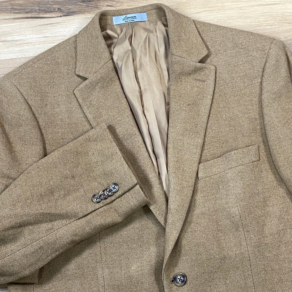 Lauren Ralph Lauren Blazer Mens 42R Classic 100% Wool Herringbone Tan Heritage